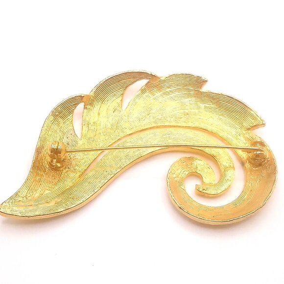 Vintage Brooch Hammered Curled Leaf Feather Design Gold Plated Metal Pin 3" - Picture 6 of 10
